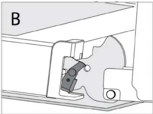 Technical diagram of a mechanical assembly with labeled component B (no text or symbols beyond label)