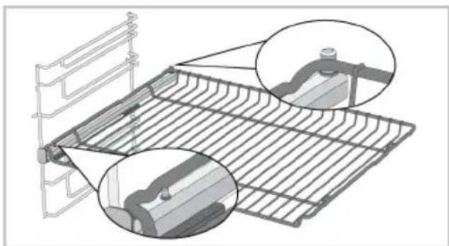 Technical illustration of a metal rack with two magnified views showing internal components (no text or symbols)