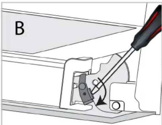 Mechanical assembly diagram showing a tool inserted into a component with a curved arrow indicating rotation (no text or symbols present)