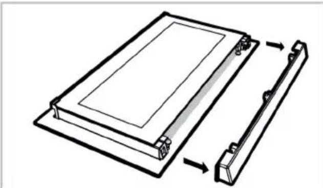 Technical line drawing of a mechanical assembly with two components, one showing a rectangular frame and the other a bracketed part.