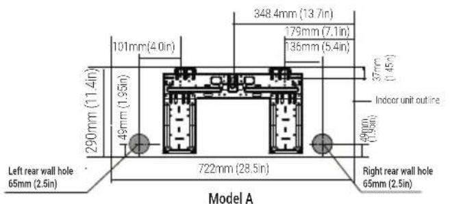 348.4mm (13.7in); 179mm (7.1in); 135mm (5.4in); 37mm (1.45m); Indoor unit outline; 290mm (11.4in); 49mm (1.95in); 722mm (28.5in); 490mm (1.95in); Left rear wall hole 65mm (2.5in); Right rear wall hole 65mm (2.5in); Model A