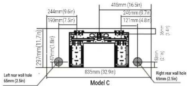 244mm (9.6in); 190mm (7.5in); 418mm (16.5in); 246mm (9.7in); 121mm (4.8in); 36mm (1.4in); 297mm (11.7in); 47mm (1.8in); 63mm (2.1in); 835mm (32.9in); Left rear wall hole 65mm (2.5in); Right rear wall hole 65mm (2.5in); Model C