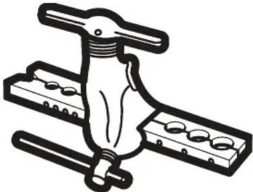 Illustration of a mechanical clamp or lever assembly with two base plates and a central handle.