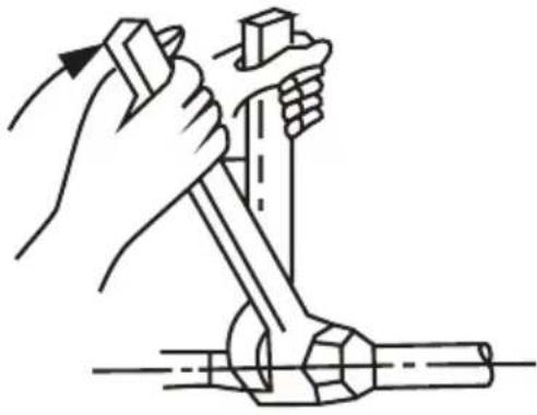 Line drawing of a hand using a wrench to lift a mechanical component.