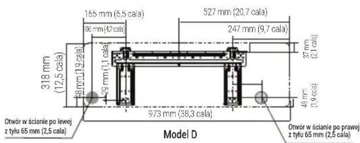 165 mm (6,5 cala), 06 mm (42 cala), 527 mm (20,7 cala), 247 mm (9,7 cala), 318 mm (12,5 cala), 48 mm (19 cala), 79 mm (1,1 cala), 37 mm (2,1 cala), 45 mm (19 cala), 973 mm (38,3 cala), otwór w ścianie po lewej z tyłu 65 mm (2,5 cala), otwór w ścianie po prawej z tyłu 65 mm (2,5 cala), model D