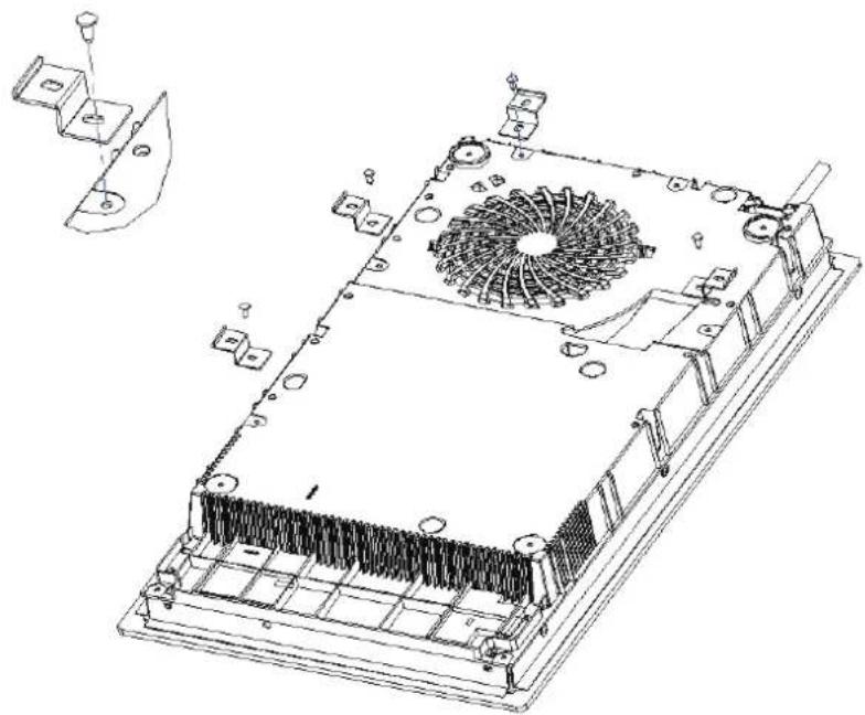 Technical line drawing of an electronic device with cooling fan and mounting bracket (no text or symbols)