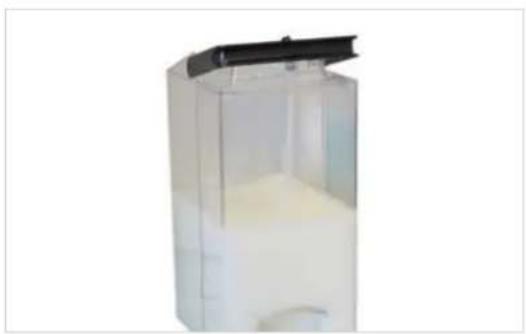 Transparent plastic container with a black lid, showing internal contents (no text or symbols visible)