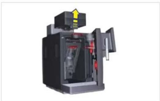 3D cutaway view of a mechanical device showing internal components and a yellow warning symbol (no text or labels)