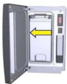 Diagram of an open device with a yellow arrow pointing to a panel, no text or symbols present