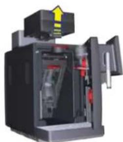 3D cutaway view of a mechanical device showing internal components and a yellow warning symbol (no text or labels)