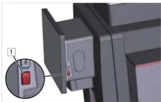 3D mechanical component with a highlighted red button and an inset magnified view (no text or symbols)
