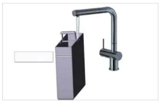3D rendering of a kitchen sink with faucet and handle (no text or symbols)