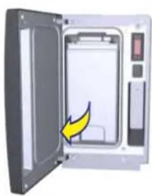 Diagram of an open computer interface with a yellow arrow pointing to the door panel (no text or symbols visible)