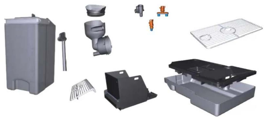 Exploded view of industrial cleaning components including a waste bin, motor, and plastic housing (no text or symbols visible)