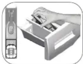Illustration of a hand inserting a card into a mobile phone drawer (no text or symbols visible).