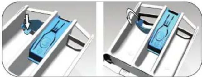 3D rendering of two views of a blue electronic device mounted on a white frame, showing internal components and mounting brackets (no text or symbols visible).