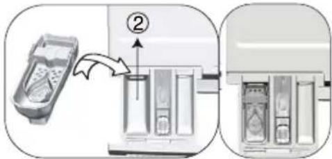Diagram showing a device being inserted into a rack with a labeled component, alongside its side view.