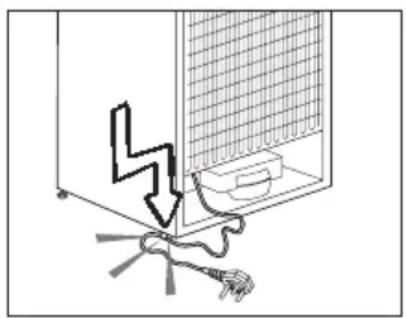 Diagram showing a lightning bolt striking down on a wall-mounted device with a cable and plug (no text or symbols)
