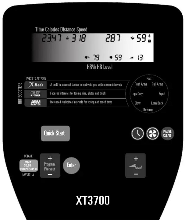 Time Calories Distance Speed 2347 318 287 59* HR% HR Level PRESS TO ACTIVATE X Mode A built-in personal trainer to motivate you with intense intervals GUATE KICKEN Focused intervals for toning hips, glutes and thighs ARM DOKS Increased resistance intervals for strong and toned arms Fast Push Arms Pu…