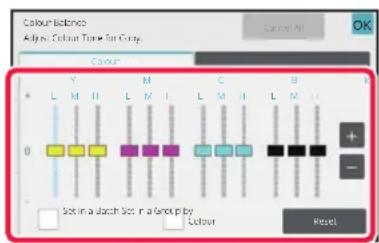 Colour Balance: Adjust Colour Time for Colour. OK. Colour. Y M C B. L M H L M I L M H L M I. 0 Sot in a Jaccch Sot in a Group by. Colour Reset