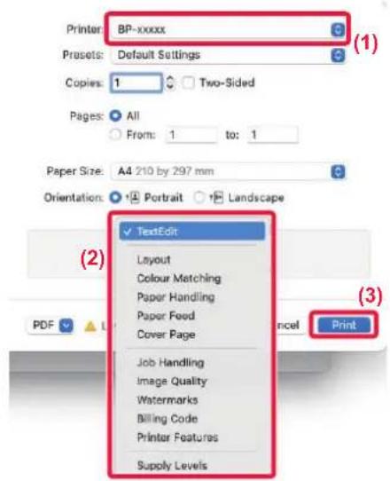 Print dialog: Printer: BP-xxxxx, Presets: Default Settings, Copies: 1, Two-Sided, Pages: All, From: 1 to: 1, Paper Size: A4 210 by 297 mm, Orientation: Portrait or Landscape. Panels: TextEdit, Layout, Colour Matching, Paper Handling, Paper Feed, Cover Page, Job Handling, Image Quality, Watermarks, B…