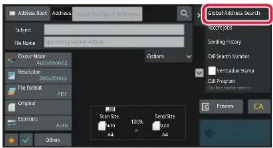 Address Book Address Touch to Input Address Subject File Name Splice by System Settings Global Address Search Account Jobs Sending History Call Search Number Verification Status Call Program Call Required Service Options Colour Mode Auto/MonoZ Resolution 200x200dpi File Format PDF Original Exposure…