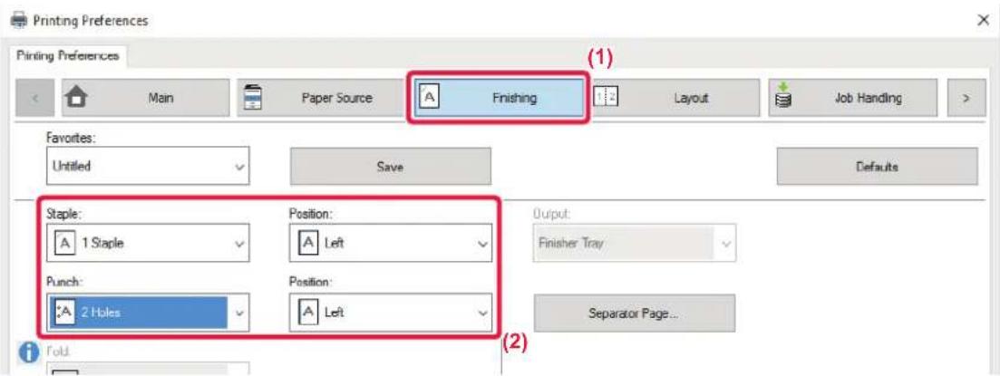 Printing Preferences Printing Preferences Main Paper Source Finishing Layout Job Handling Favorites: Untitled Save Defaults Staple: 1 Staple Position: Left Punch: 2 Holes Position: Left Output: Finisher Tray Separator Page... (1) (2)
