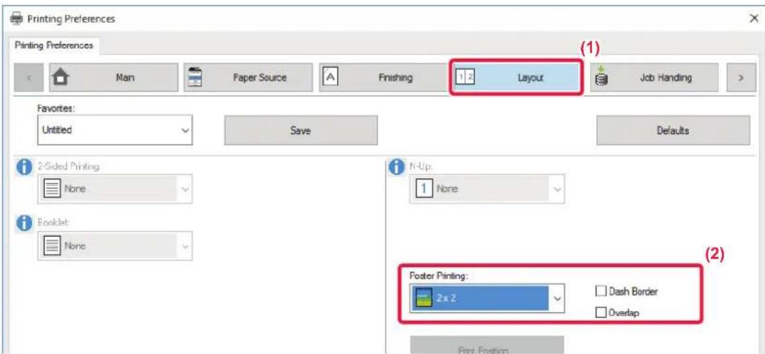 Printing Preferences Printing Preferences Main Paper Source Finishing Layout Job Handling Favorites: Untitled Save Defaults 2-Sided Printing None Booklet: None N-Up: None Footer Printing: 2x 2 Dash Border Overlap Print Position