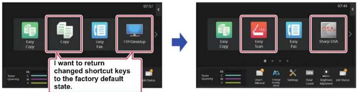 I want to return changed shortcut keys to the factory default state.