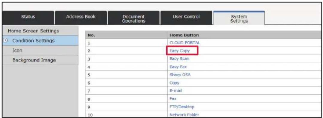 Status Address Book Document User Control System Settings Home Screen Settings Condition Settings Icon Background Image No. Home Button 1 CLOUD PORTAL 2 Easy Copy 3 Easy Scan 4 Easy Fax 5 Sharp OSA 6 Copy 7 E-mail 8 Fax 9 FTP/Desktop 10 Network Folder