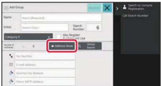 Add Group Name Name (Required) Initial Search (Opt.) Search Number 6 Category 0 Also Register Document Use Number of addresses 0 Global Search Fax Number E-mail Address Submit Fax Address Direct SMTP Address Switch to Contacts Registration Call Search Number
