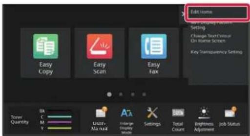 Edit Home Easy Display Pattern Setting Change Text Colour On Home Screen Key Transparency Setting Easy Copy Easy Scan Easy Fax Tower Quantity Bk C M Y Linear- Manual Display Model Actions Settings Total Count Brightness Adjustment Job Status