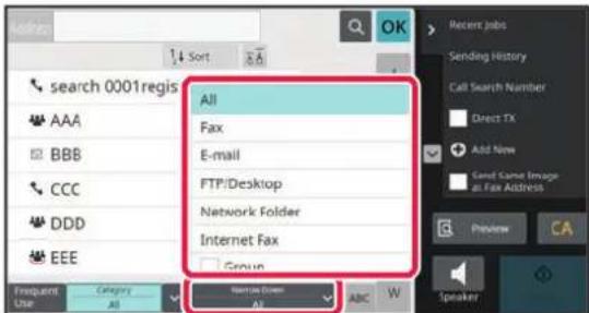 Search 0001/register All Fax E-mail FTP/Desktop Network Folder Internet Fax Group New User All Recent jobs Sending History Call Search Number Direct TX Add New Good Name Image as Fax Address Preview CA Speaker