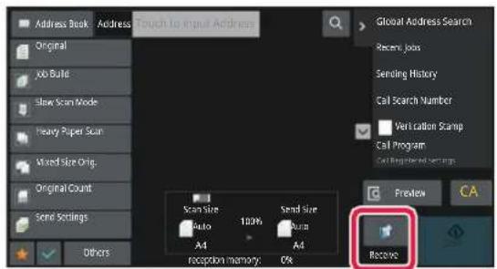 Address Book Address GOOAL Address Search Recent jobs Sending History Call Search Number Verification Stamp Call Program Call Required Settings Scan Size Auto 100% A4 Send Size Turn A4 Receive Reception memory: 0%