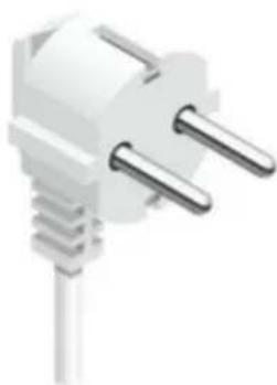 Close-up of a white electrical outlet plug with two metal leads (no text or symbols visible).