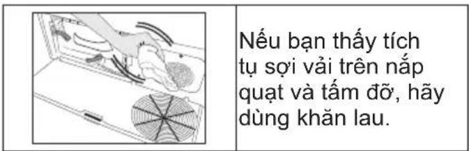 Nếu bạn thấy tích tụ sợi vải trên nắp quạt và tấm dỡ, hãy dùng khăn lau.