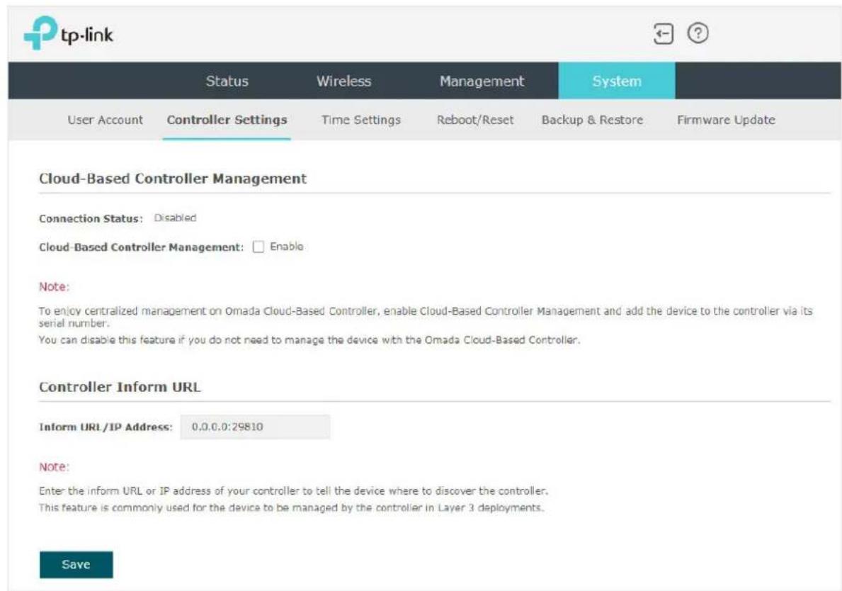 tp-link Status Wireless Management System User Account Controller Settings Time Settings Reboot/Reset Backup & Restore Firmware Update Cloud-Based Controller Management Connection Status: Disabled Cloud-Based Controller Management: Enable Note: To enjoy centralized management on Omada Cloud-Based Co…