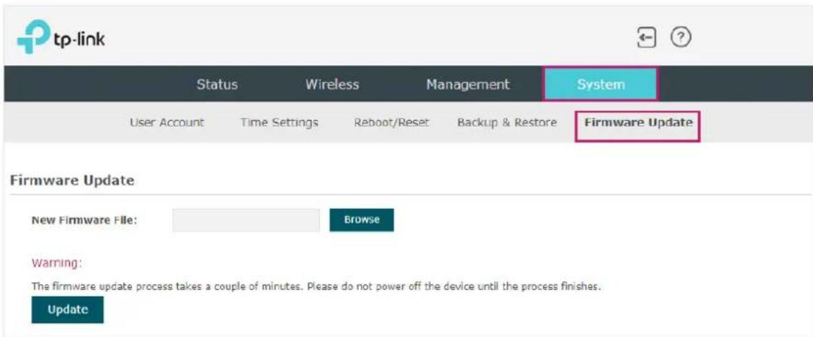 tp-link Status Wireless Management System User Account Time Settings Reboot/Reset Backup & Restore Firmware Update Firmware Update New Firmware File: Browse Warning: The firmware update process takes a couple of minutes. Please do not power off the device until the process finishes. Update