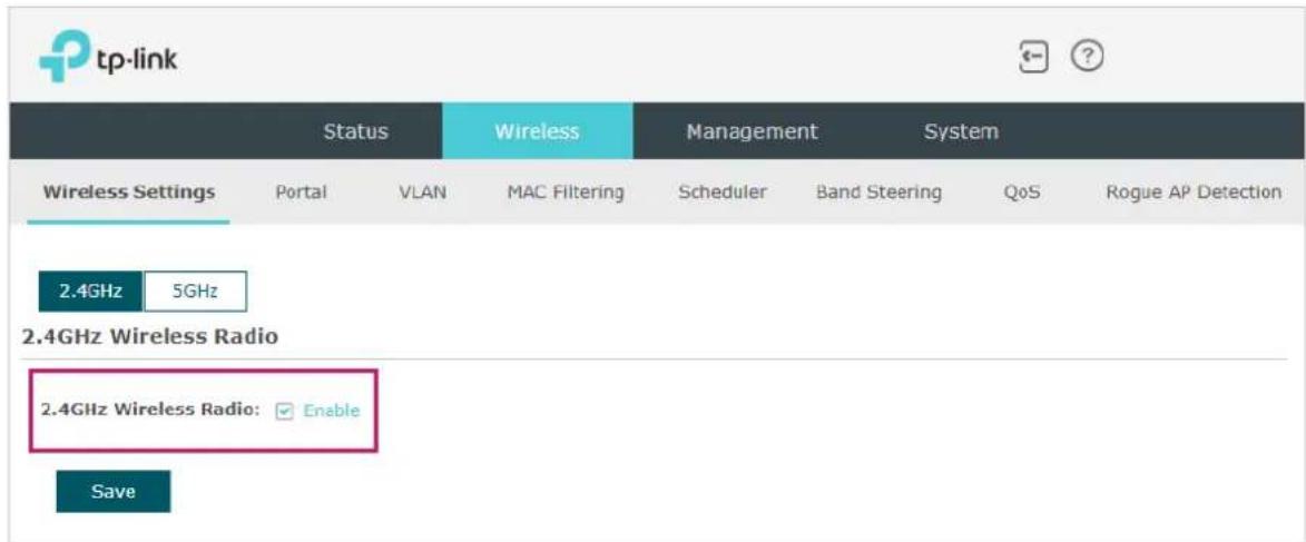 tp-link Status Wireless Management System Wireless Settings Portal VLAN MAC Filtering Scheduler Band Steering QoS Rogue AP Detection 2.4GHz 5GHz 2.4GHz Wireless Radio 2.4GHz Wireless Radio: ✓ Enable Save