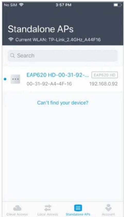 No SIM 3:57 PM Standalone APs Current WLAN: TP-Link_2.4GHz_A44F16 Search EAP620 HD-00-31-92-... EAP620 HD 00-31-92-A4-4F-16 192.168.0.92 Can't find your device?