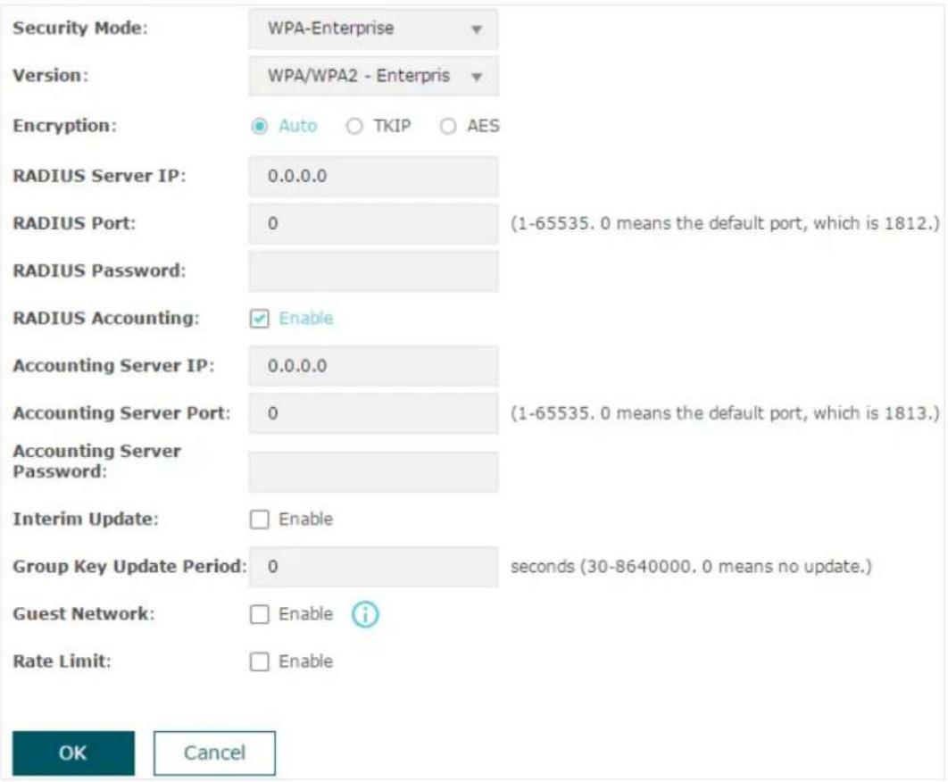 Security Mode: WPA-Enterprise Version: WPA/WPA2 - Enterprise Encryption: Auto TKIP AES RADIUS Server IP: 0.0.0.0 RADIUS Port: 0 (1-65535. 0 means the default port, which is 1812.) RADIUS Password: RADIUS Accounting: Enable Accounting Server IP: 0.0.0.0 Accounting Server Port: 0 (1-65535. 0 means the…