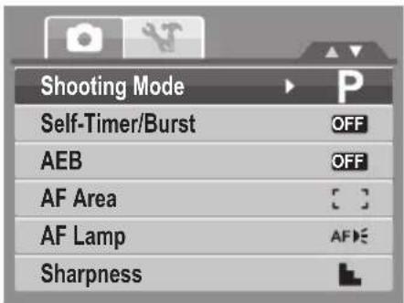 Shooting Mode Self-Timer/Burst AEB AF Area AF Lamp Sharpness OFF OFF AFFE