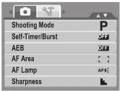 Shooting Mode Self-Timer/Burst AEB AF Area AF Lamp Sharpness