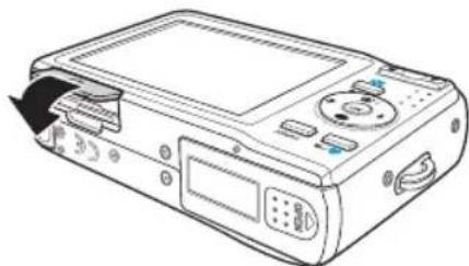 Line drawing of a digital camera with ports and an open lid (no text or symbols)
