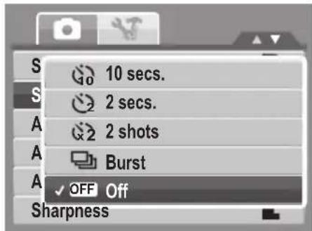 10 secs. 2 secs. 2 shots Burst OFF Off Sharpness