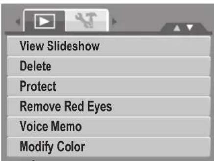 View Slideshow Delete Protect Remove Red Eyes Voice Memo Modify Color