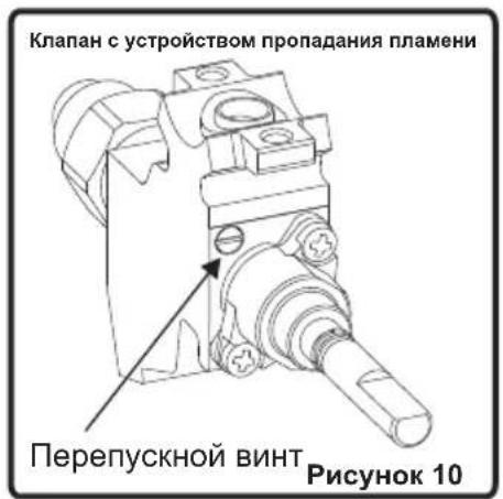 Клапан с устройством пропадания пламени. Перепускной винт. Рисунок 10