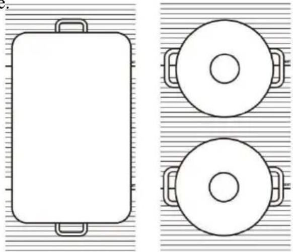 Two simple line drawings of cooking pots: a rectangular pot and two circular cups, both placed on striped background (no text or symbols)