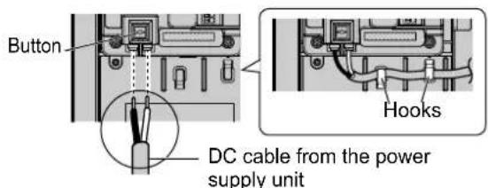 Button, DC cable from the power supply unit, hooks.