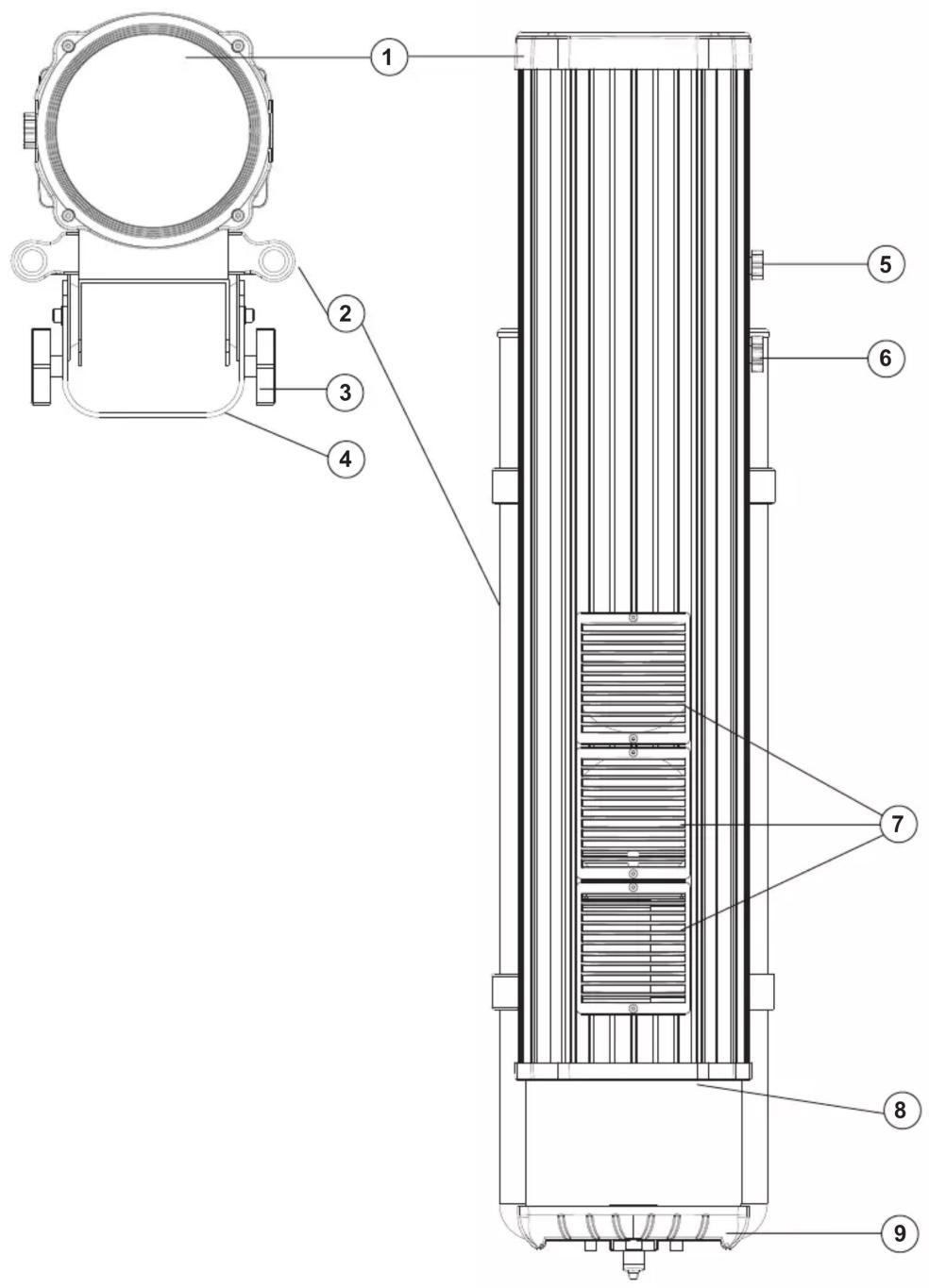 Technical diagram of a vertical cylindrical device with numbered components, showing internal structure and assembly details.